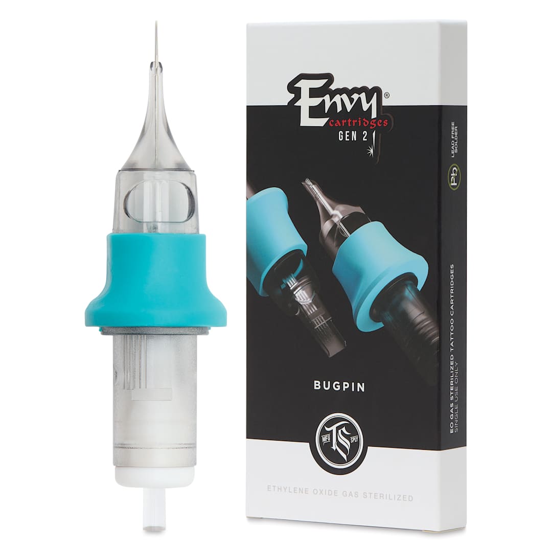 Open in modal - TatSoul Envy Gen 2 Standard Round Liner Long Taper Bugpin Tattoo Needle Cartridge  - #8, 3 Needles, Pkg of 10, needle and packaging