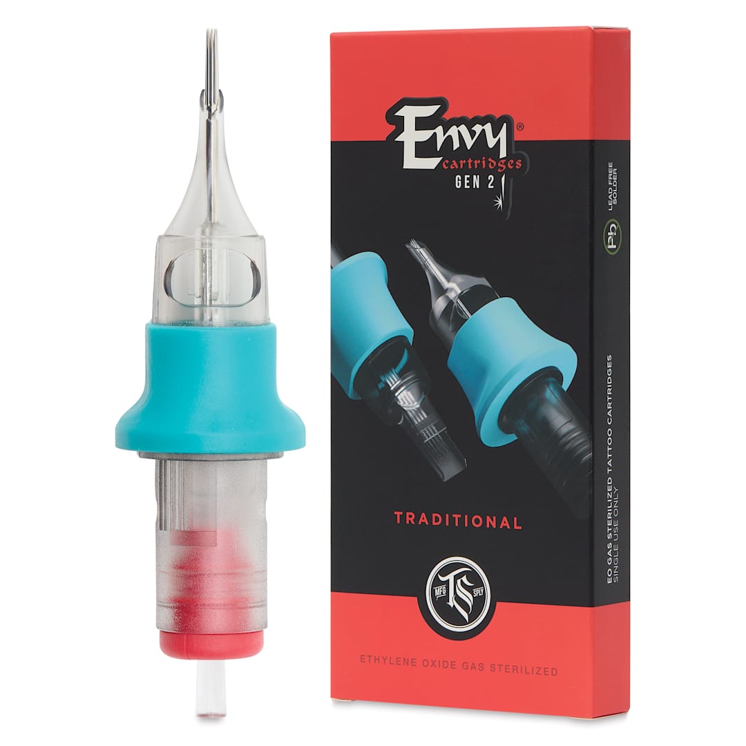 Open in modal - TatSoul Envy Gen 2 Traditional Round Liner Long Taper Tattoo Needle Cartridges - #12, 9 Needles, Pkg of 10, needle and packaging