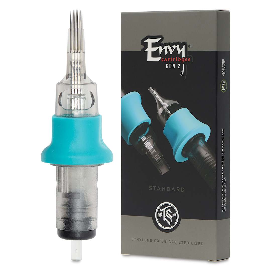 Open in modal - TatSoul Envy Gen 2 Standard Curved Magnum Long Taper Tattoo Needle Cartridge - #12, 9 Needles, Pkg of 10, needle and packaging