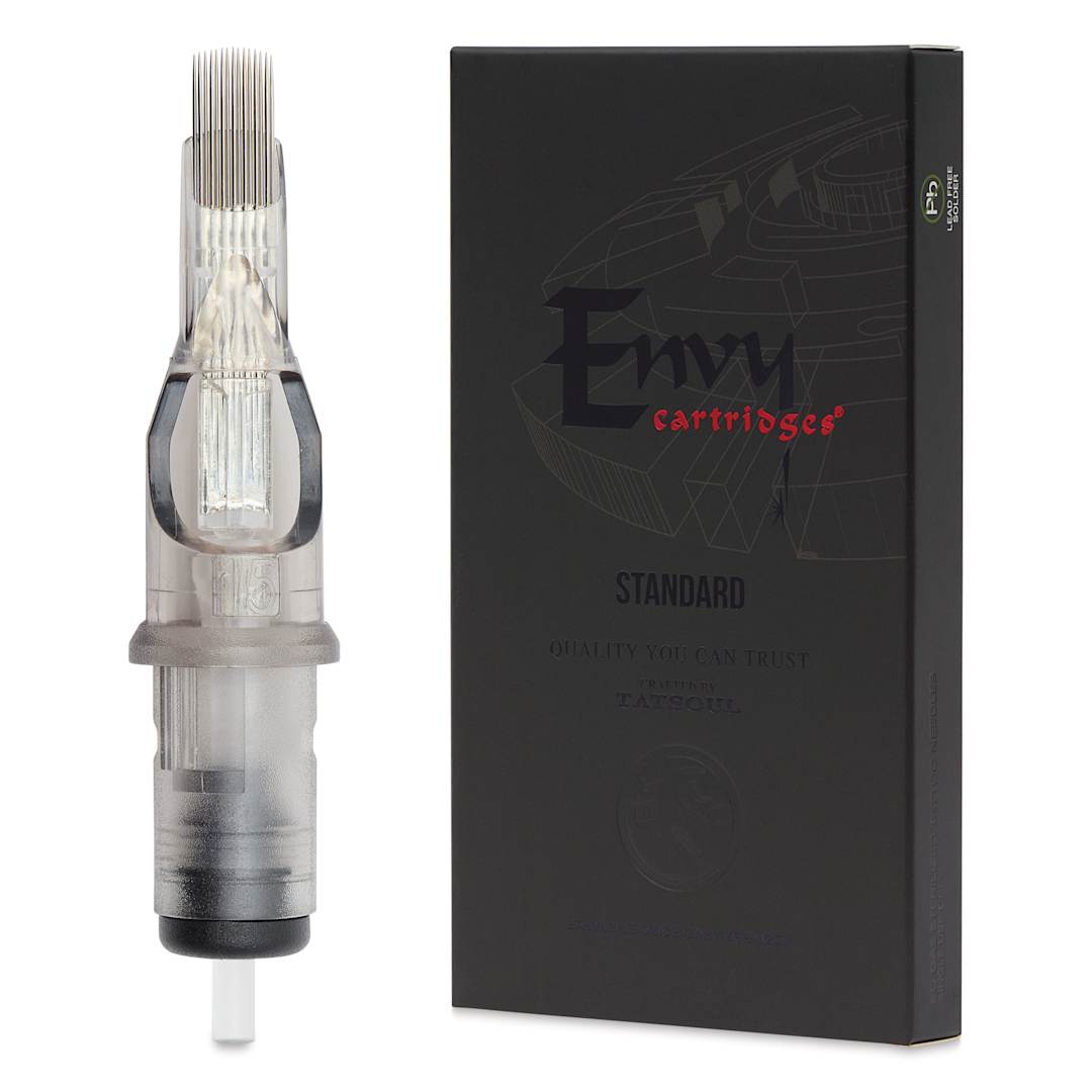 Open in modal - TatSoul Envy Standard Curved Magnum Long Taper Tattoo Needle Cartridge - #12, 15 Needles, Pkg of 10, needle and packaging