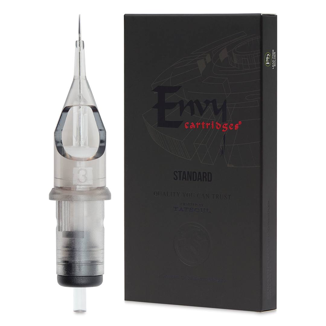 Open in modal - TatSoul Envy Standard Round Liner Long Taper Tattoo Needle Cartridge - #12, 3 Needles, Pkg of 10, needle and packaging