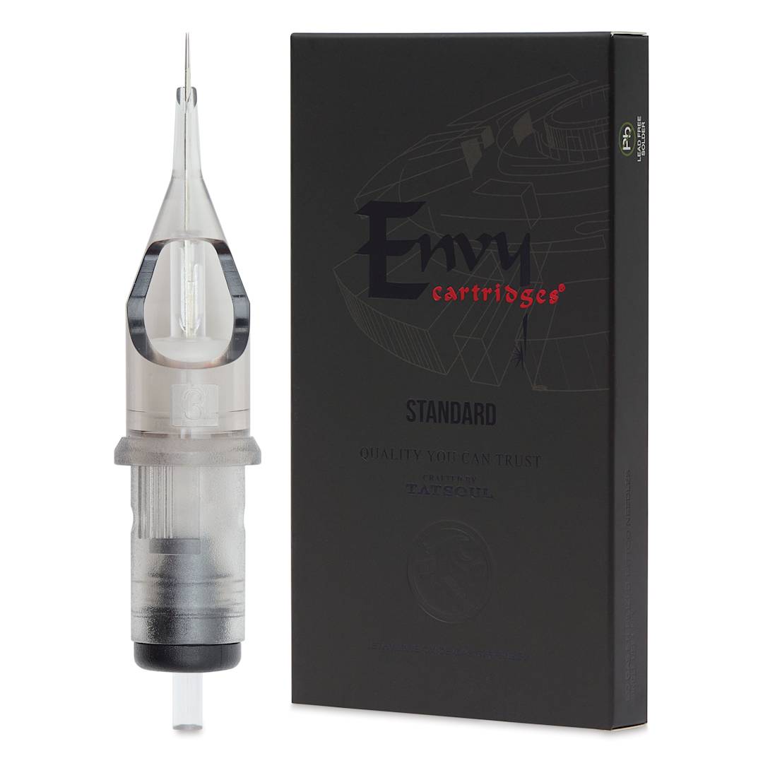 Open in modal - TatSoul Envy Standard Round Liner Extra Tight Long Taper Tattoo Needle Cartridge - #12, 3 Needles, Pkg of 10, needle and packaging