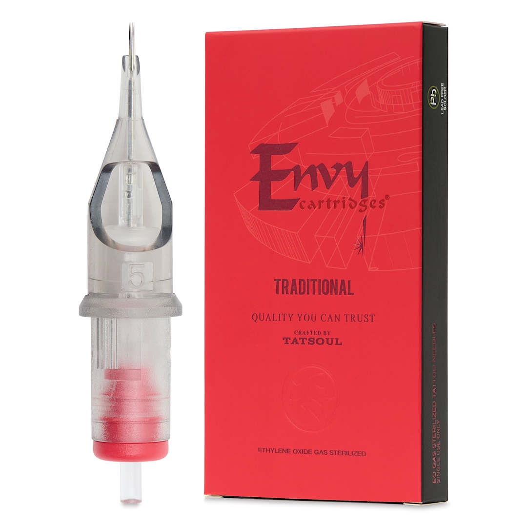 Open in modal - TatSoul Envy Traditional Round Liner Long Taper Tattoo Needle Cartridge - #12, 5 Needles, Pkg of 10, needle and packaging