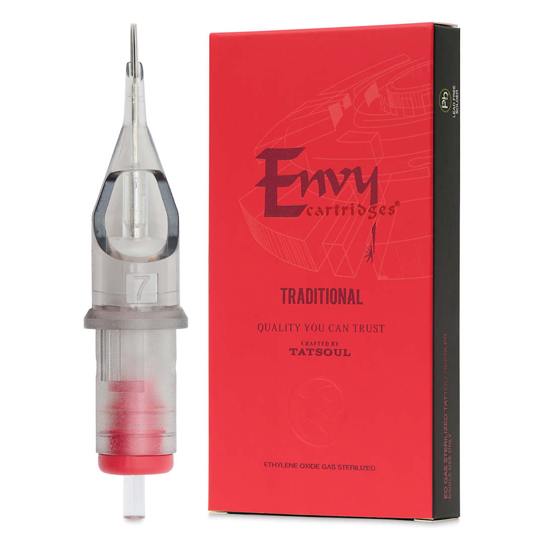 Open in modal - TatSoul Envy Traditional Round Liner Long Taper Tattoo Needle Cartridge - #12, 7 Needles, Pkg of 10, needle and packaging