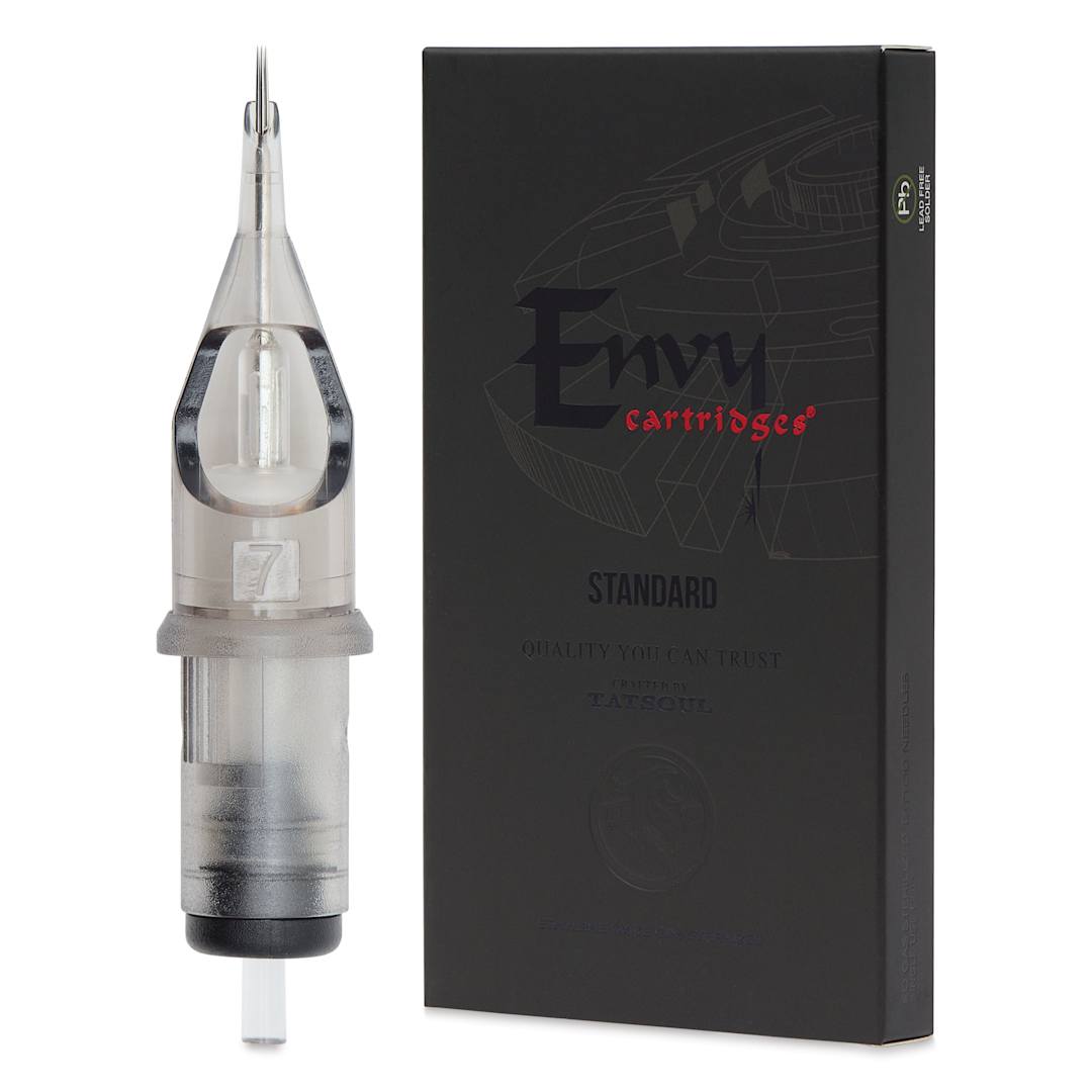 Open in modal - TatSoul Envy Standard Round Liner Long Taper Tattoo Needle Cartridge - #12, 7 Needles, Pkg of 10, needle and packaging