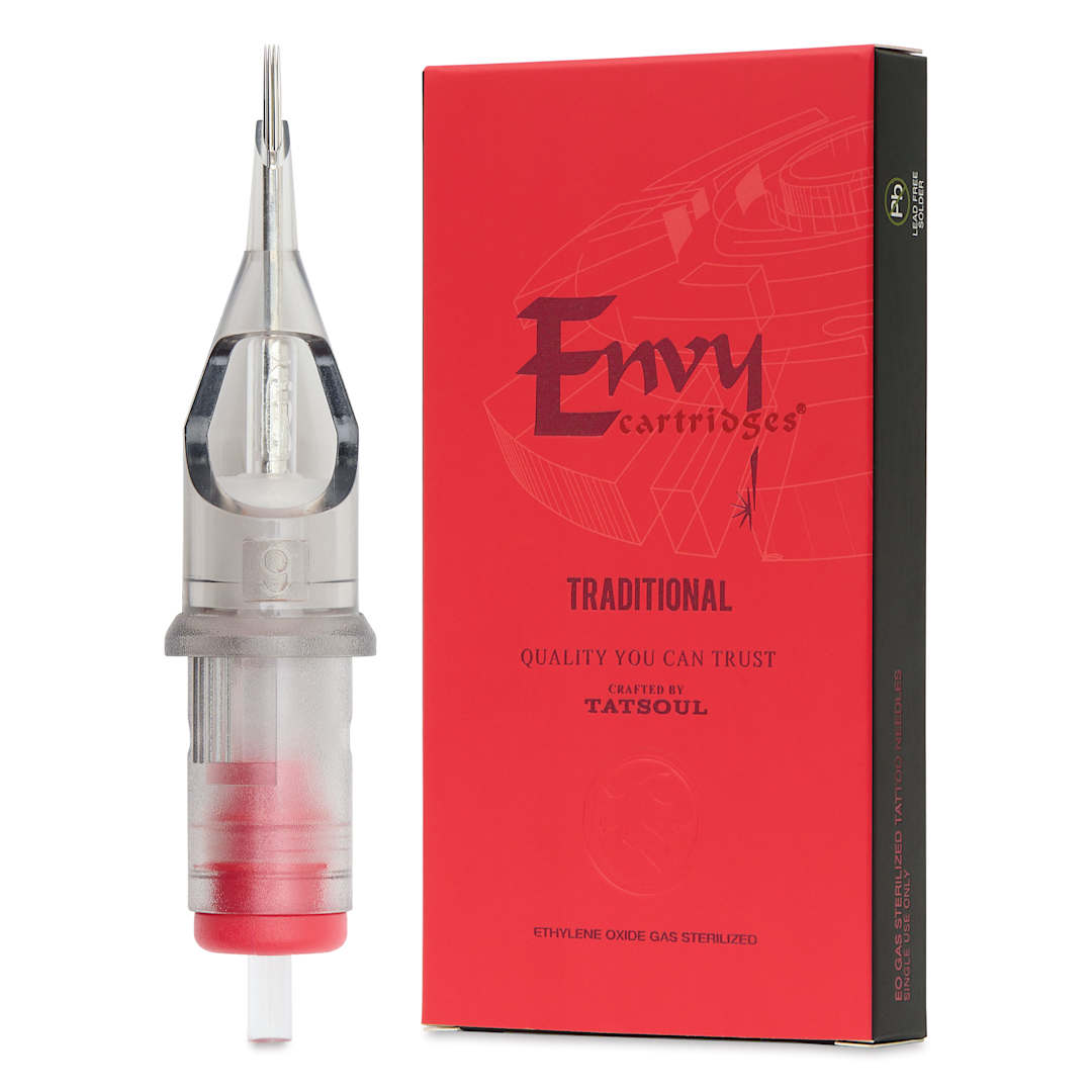 Open in modal - TatSoul Envy Traditional Round Liner Long Taper Tattoo Needle Cartridge - #12, 9 Needles, Pkg of 10, needle and packaging
