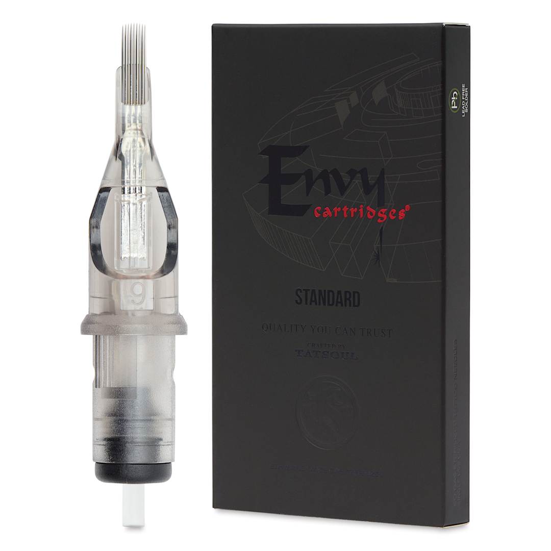 Open in modal - TatSoul Envy Standard Curved Magnum Long Taper Tattoo Needle Cartridge - #12, 9 Needles, Pkg of 10, needle and packaging