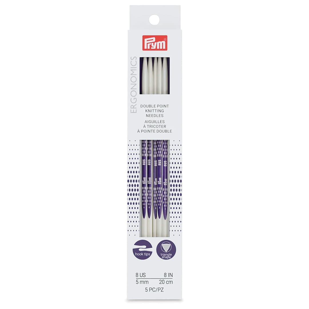 Open in modal - Prym Ergonomics Double Point Knitting Needle Set - Size 8, Set of 5, 8" - front of packaging
