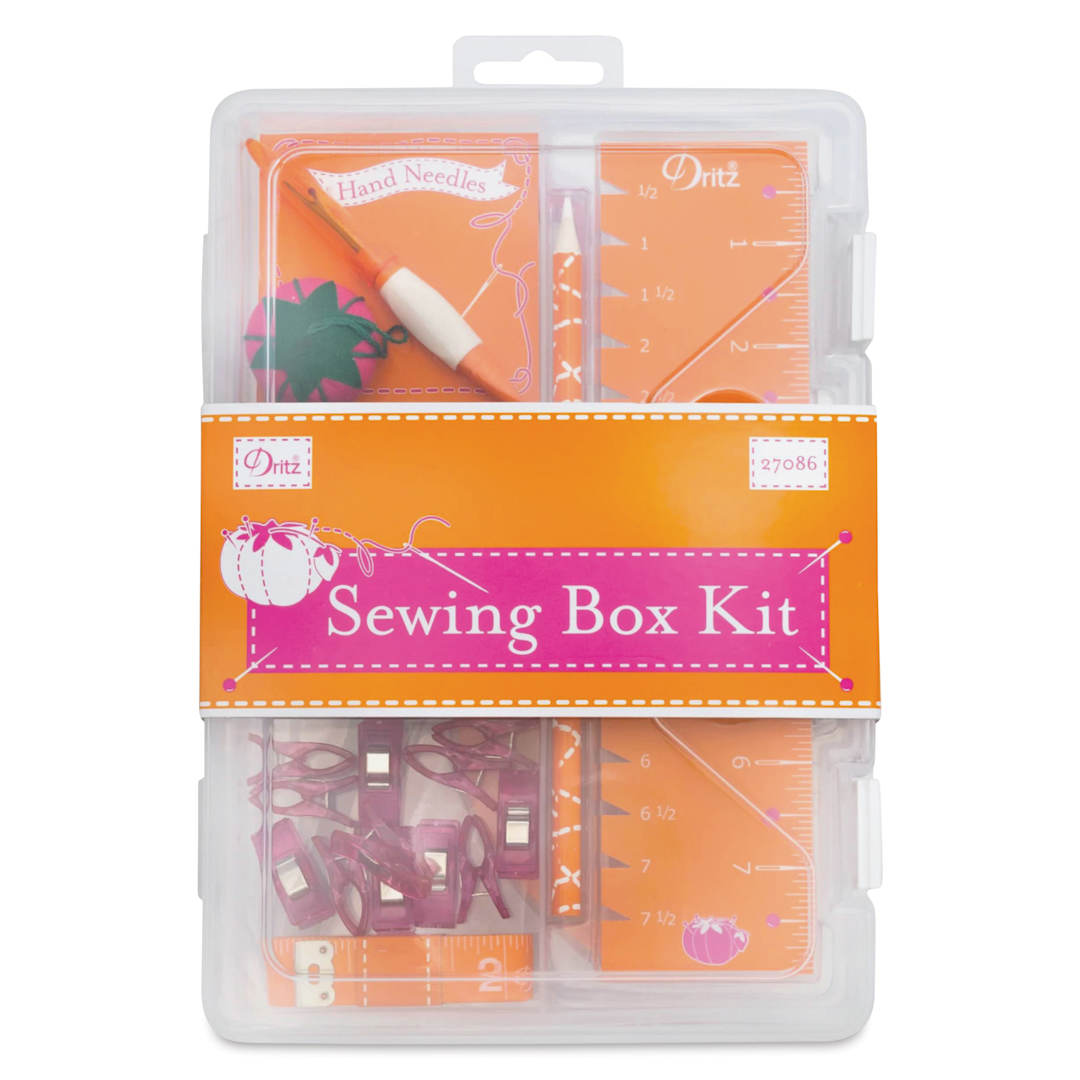 Open in modal - Dritz Sewing Box Kit, Orange and Pink, front of packaging. 
