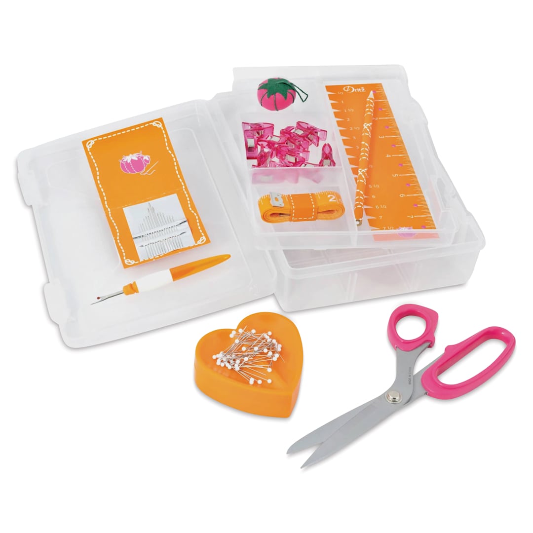 Open in modal - Dritz Sewing Box Kit, Orange and Pink, opened box with contents on the side. 