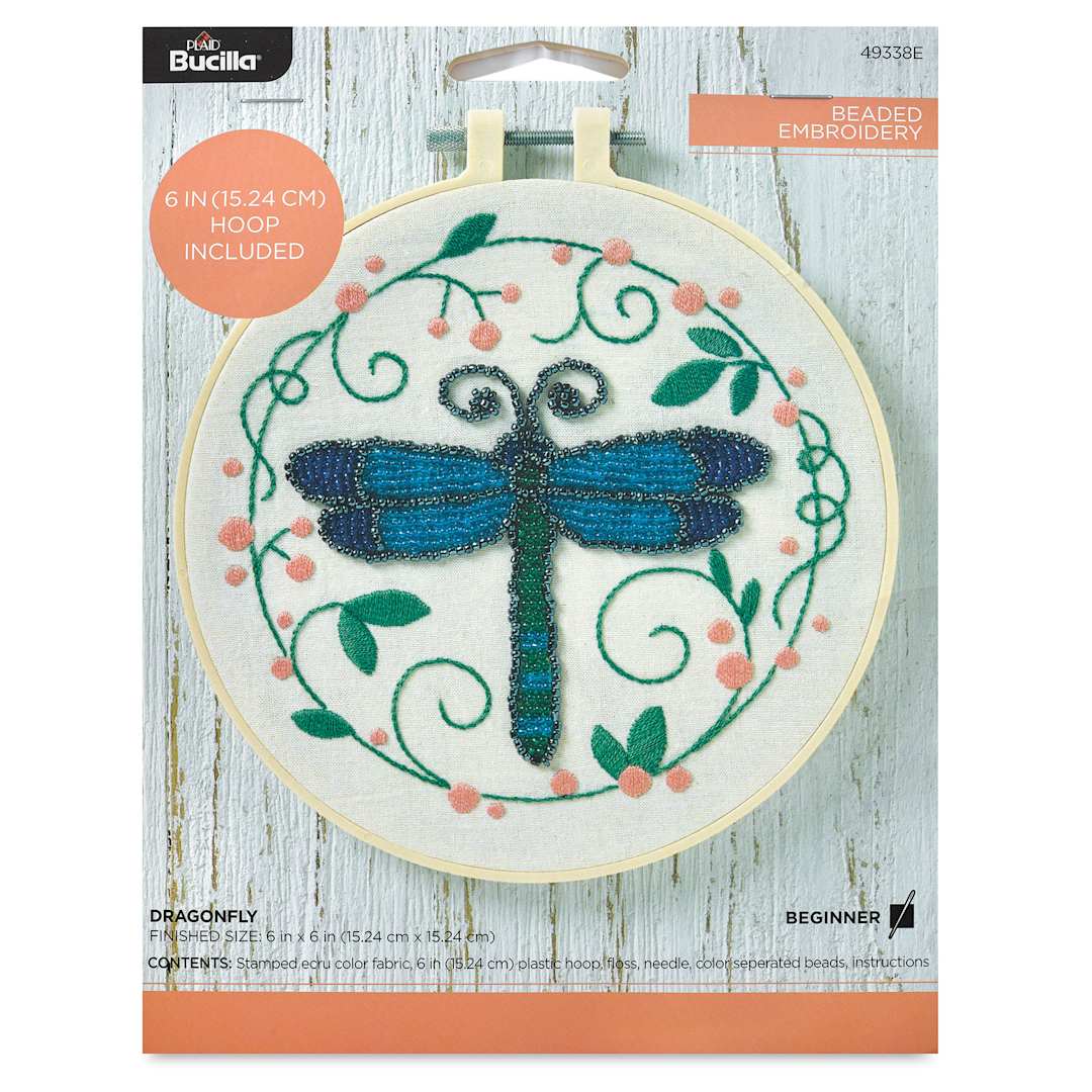 Open in modal - Bucilla Beaded Fabric Stamped Embroidery Kit - Dragonfly front of packaging