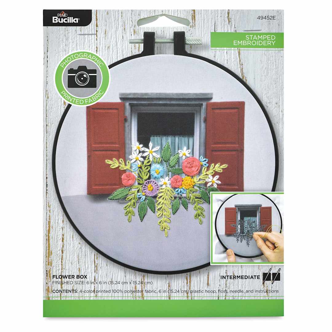 Open in modal - Bucilla Photographic Fabric Stamped Embroidery Kit - Flower Box front of packaging