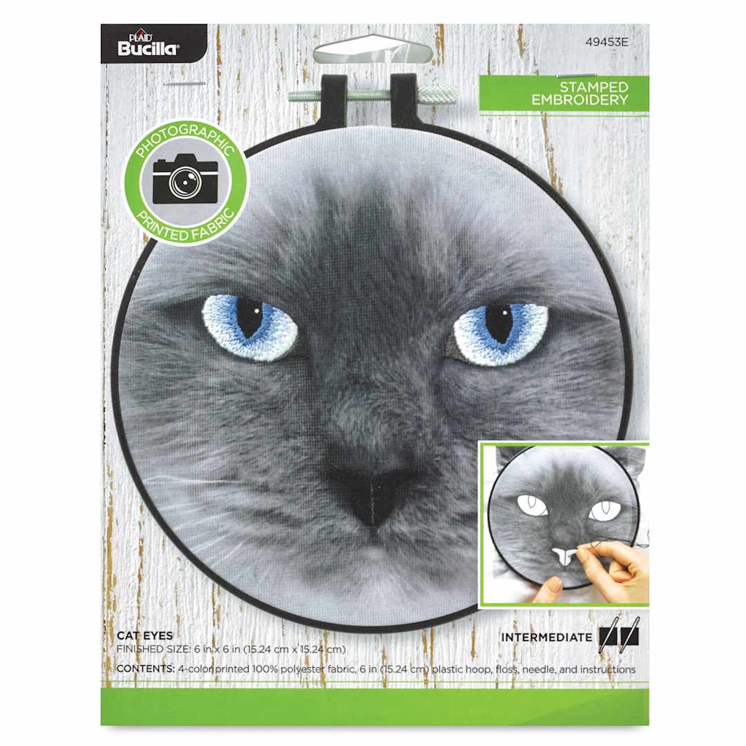 Open in modal - Bucilla Photographic Fabric Stamped Embroidery Kit - Cat Eyes front of packaging