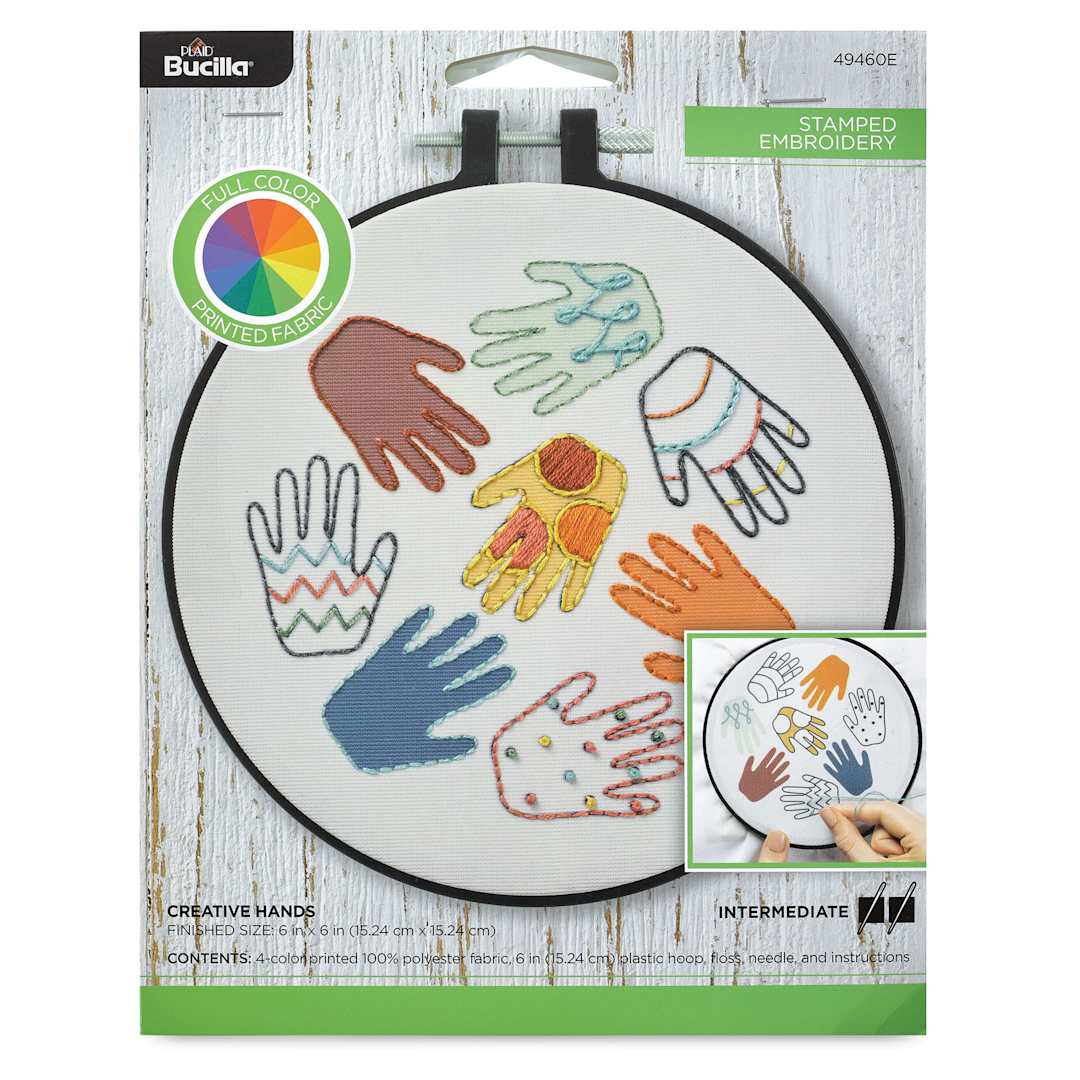 Open in modal - Bucilla Full Color Fabric Stamped Embroidery Kit - Creative Hands front of packaging