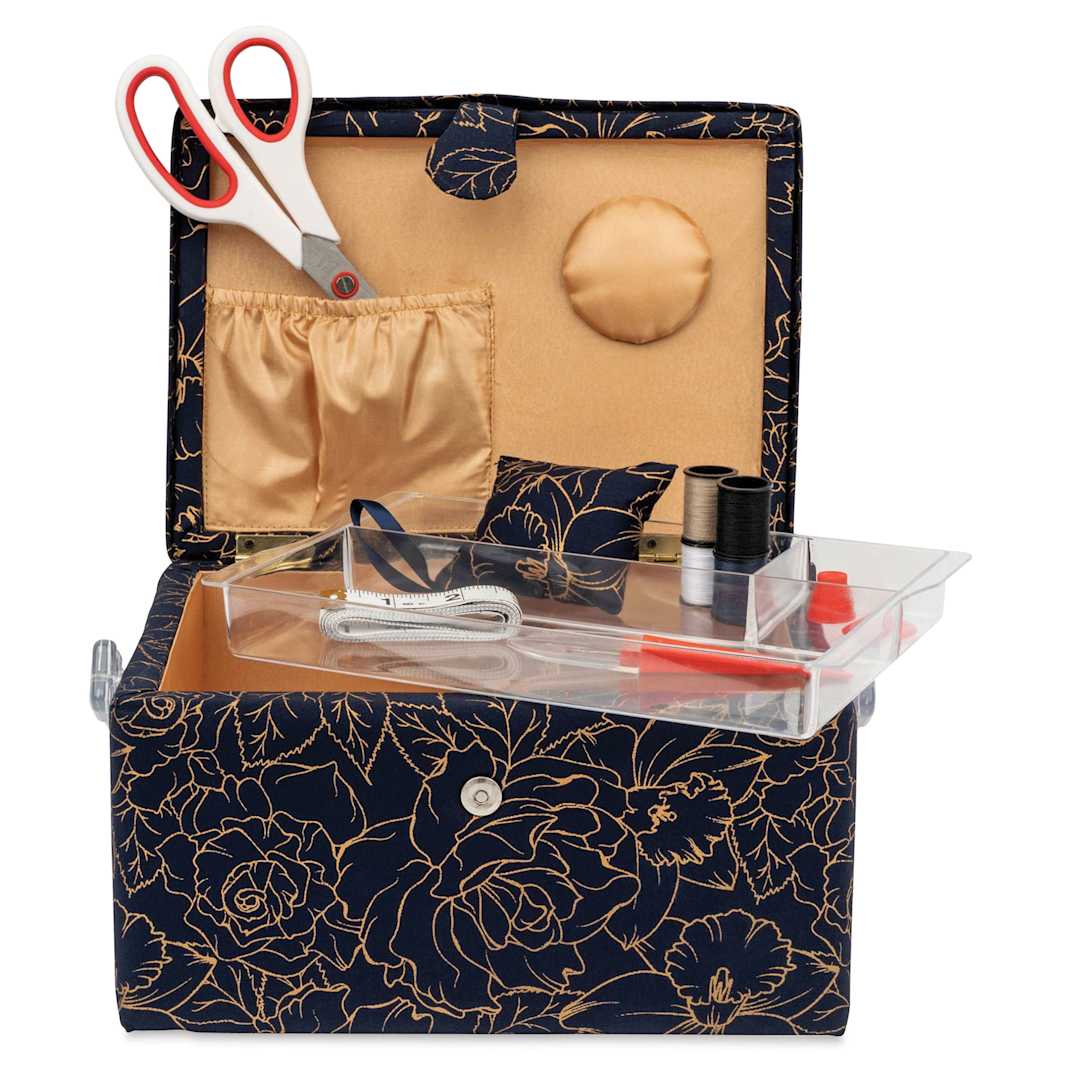 Open in modal - Singer Premium Sewing Basket Kit - Gold Foil Floral, 10-1/4" x 6" x 7-1/2", crafting supplies in basket