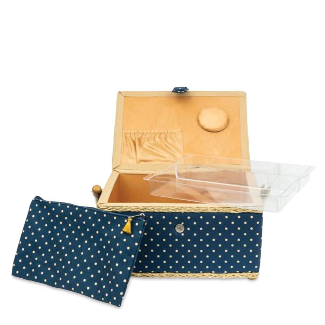 Open in modal - Singer Large Sewing Basket - Polka Dot, 11-3/4"W x 6"H x 8"D, pouch out of open basket
