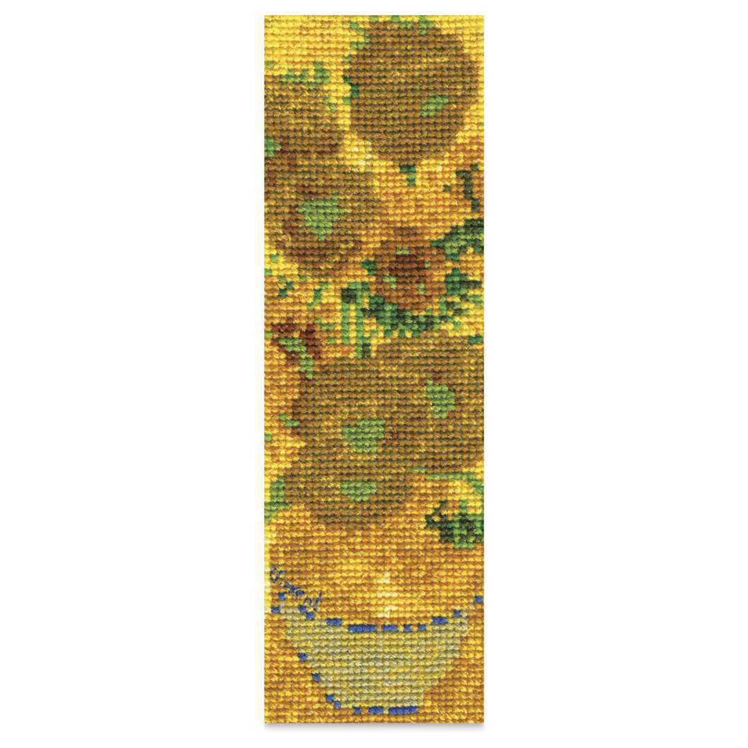 Open in modal - DMC The Museum Collection Cross Stitch Bookmark Kit - "Sunflowers" by Van Gogh - finished example