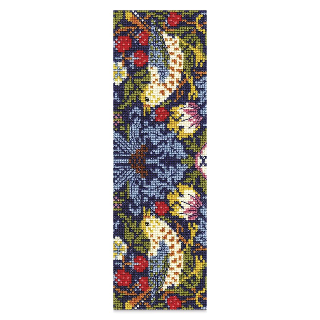 Open in modal - DMC The Museum Collection Cross Stitch Bookmark Kit - "Strawberry Thief" by William Morris - finished example