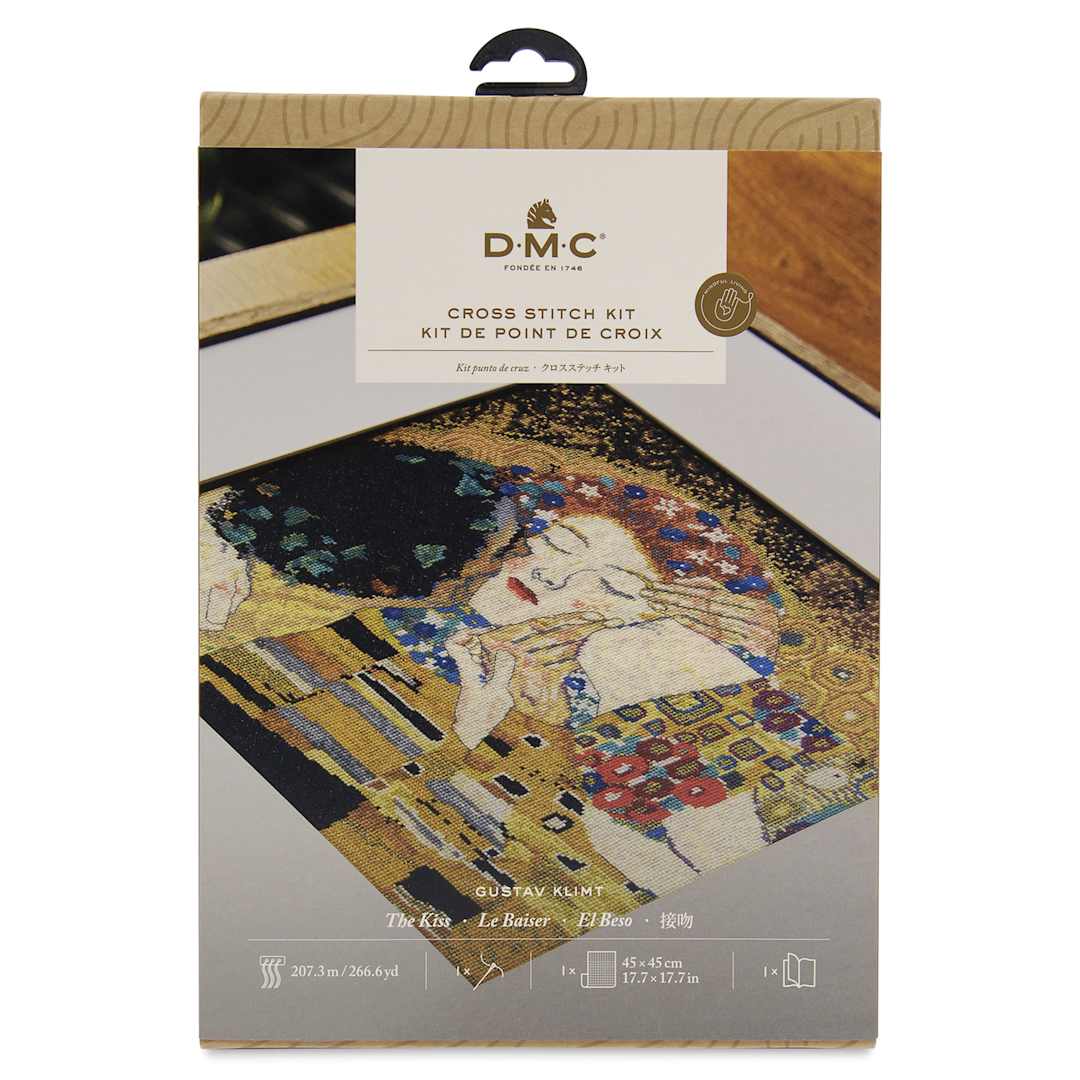 Open in modal - DMC The Museum Collection Cross Stitch Kit - “The Kiss” by Gustav Klimt, front of packaging