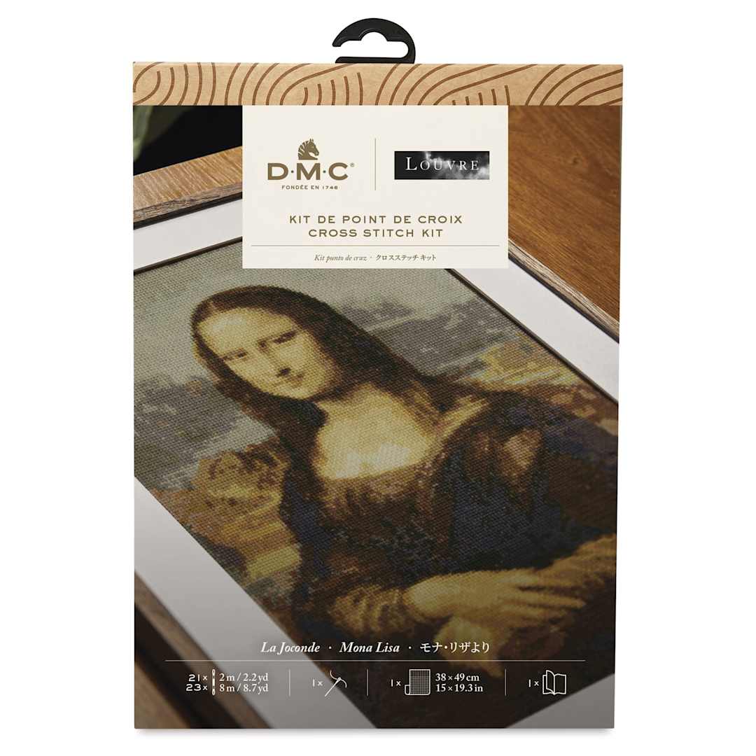 Open in modal - DMC The Museum Collection Cross Stitch Kit - “Mona Lisa” by Leonardo da Vinci, front of packaging