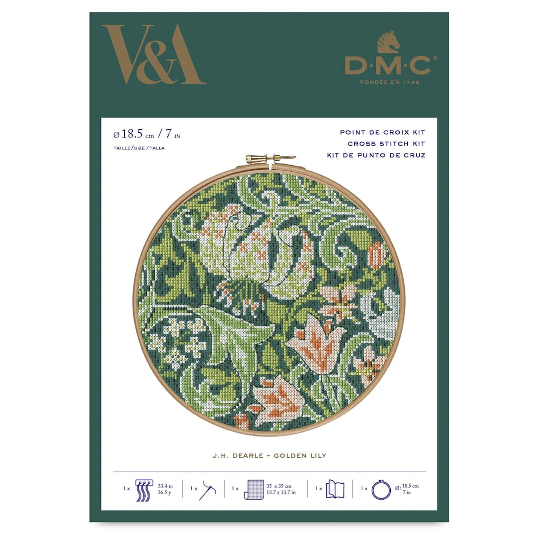 Open in modal - DMC The Museum Collection Cross Stitch Kit - “Golden Lily” by J.H. Dearle, front of packaging