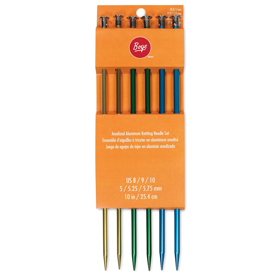 Open in modal - Boye Aluminum Knitting Needles - Set of 3, US 8/9/10, 10" - front of packaging