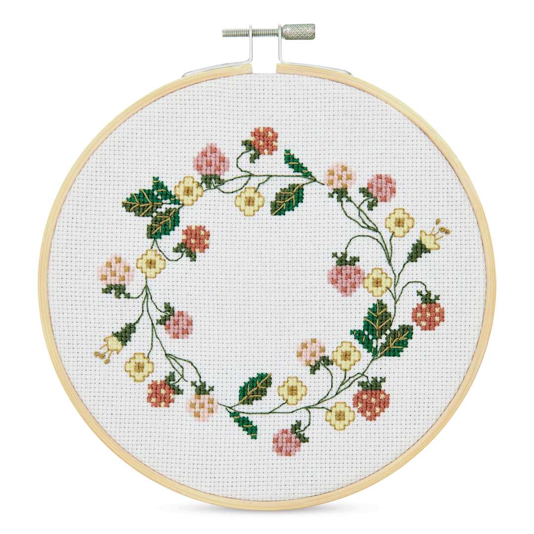 Open in modal - Rico Design Counted Cross Stitch Kit - Strawberry Wreath, 15 cm - finished example