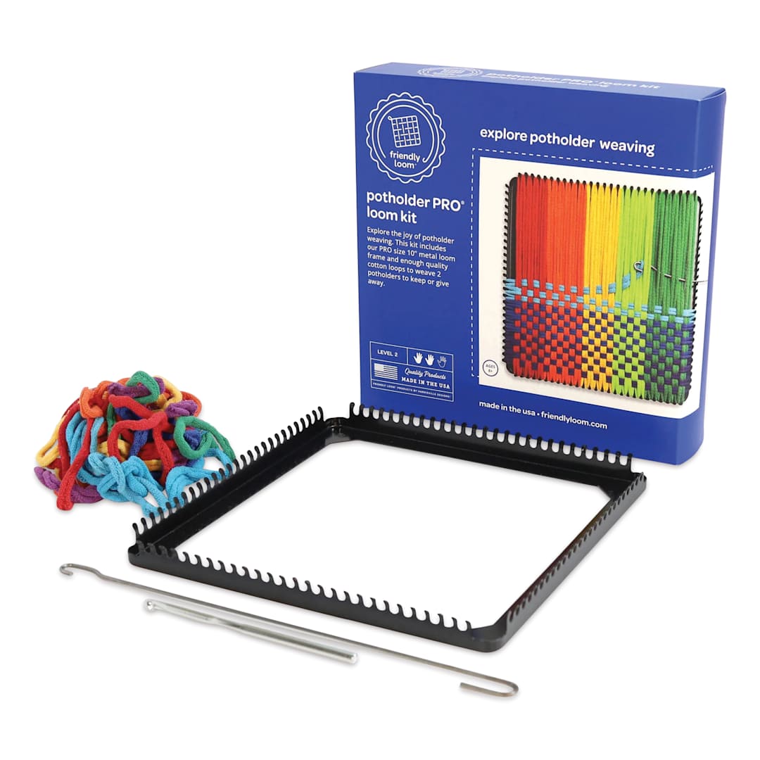 Open in modal - Friendly Loom Potholder Pro Loom Kit - 10" x 10", packaging and contents