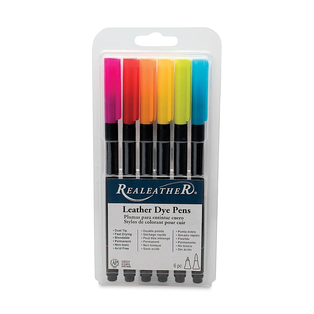 Open in modal - Realeather Leather Dye Pens - Blister package of 6 pc Set of Bright Colors