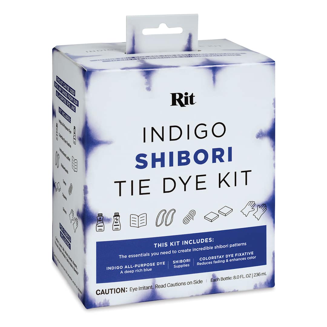 Open in modal - Rit Indigo Shibori Tie Dye Kit - Angled view of front of package