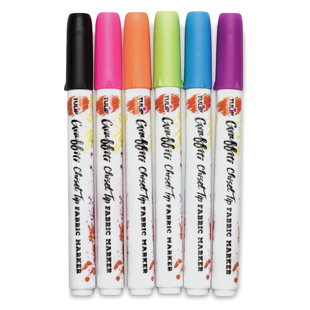 Open in modal - Tulip Graffiti Chisel Tip Fabric Markers - Neon, Set of 6 (Out of packaging)