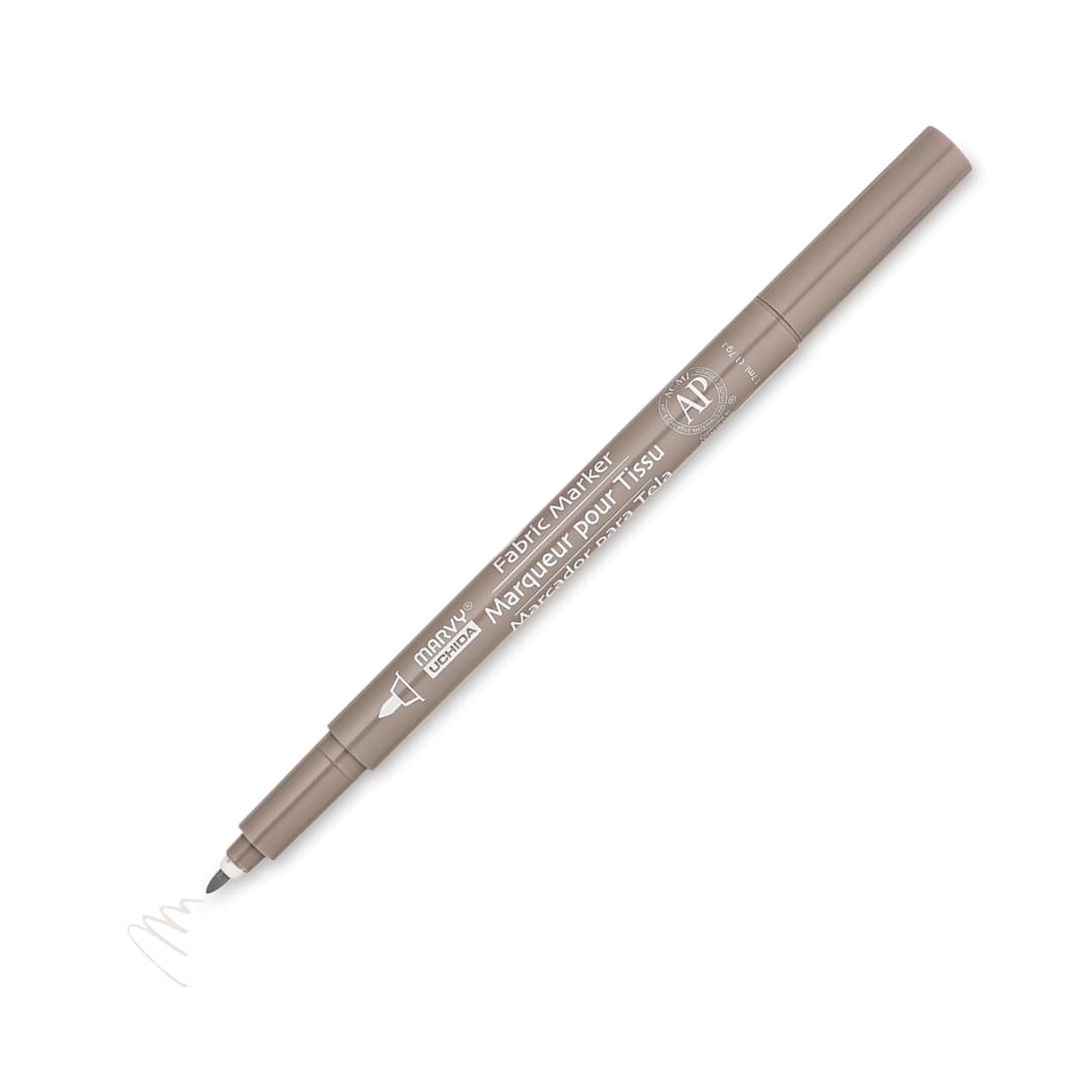 Open in modal - Marvy Uchida Fine Point Fabric Marker - Warm Grey (Marker with swatch, Cap off)