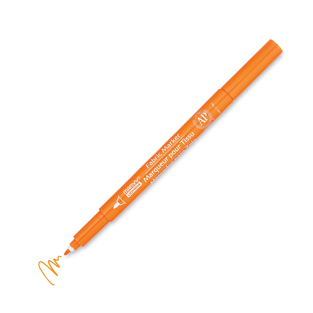 Open in modal - Marvy Uchida Fine Point Fabric Marker - Orange (Marker with swatch, Cap off)