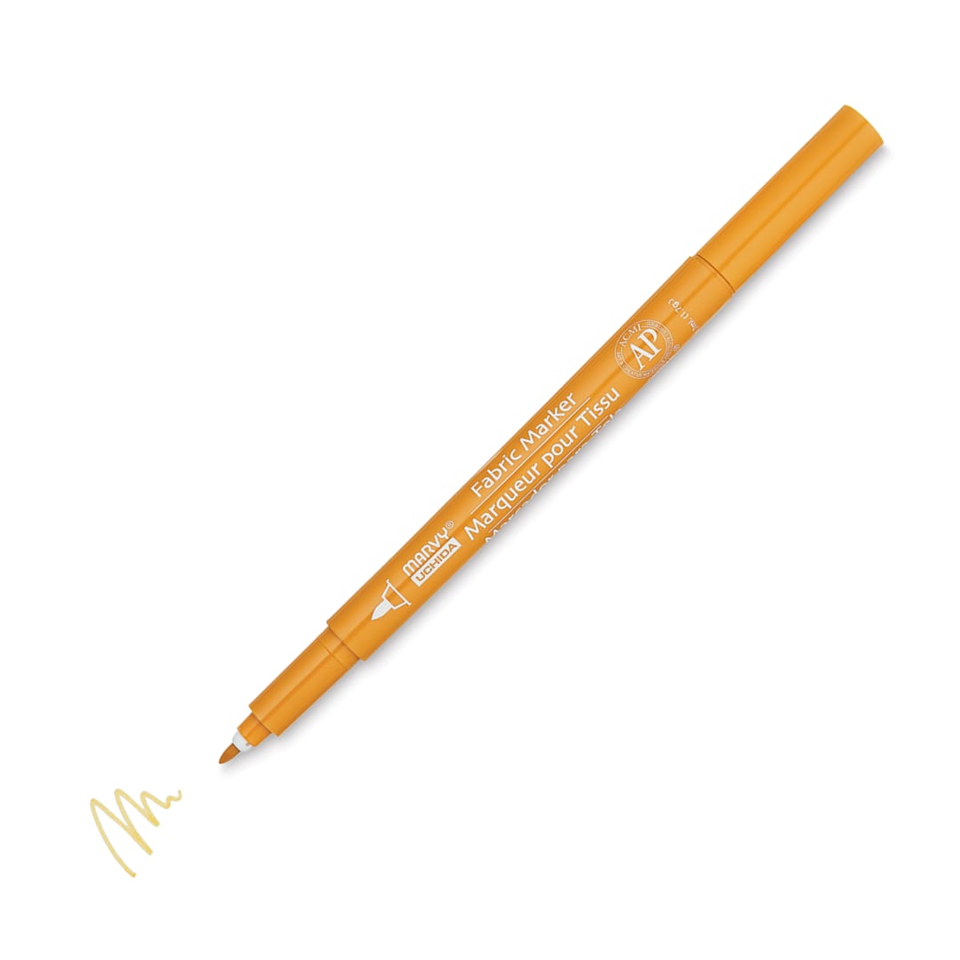Open in modal - Marvy Uchida Fine Point Fabric Marker - Goldenrod (Marker with swatch, Cap off)