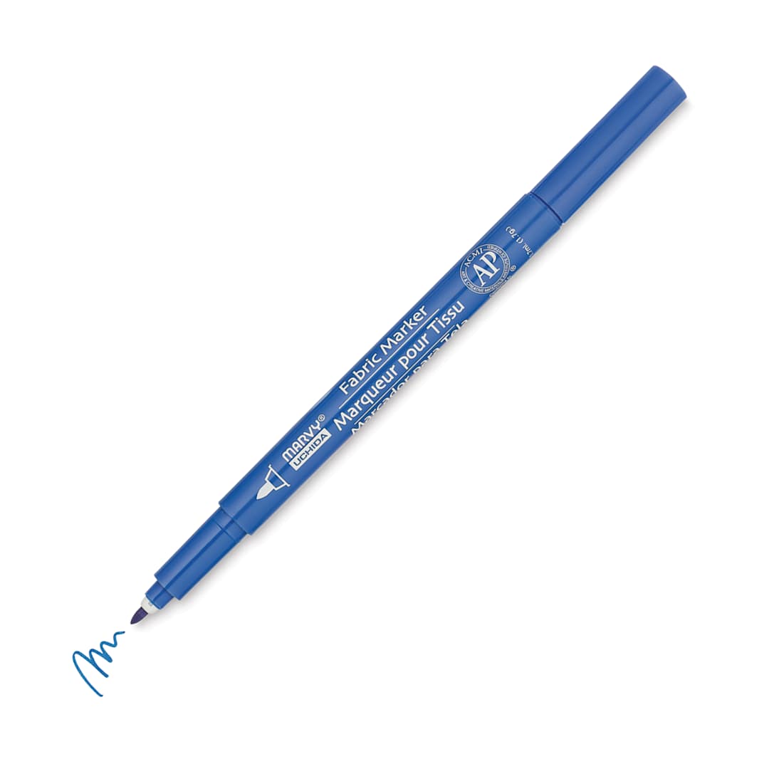 Open in modal - Marvy Uchida Fine Point Fabric Marker - Blue (Marker with swatch, Cap off)