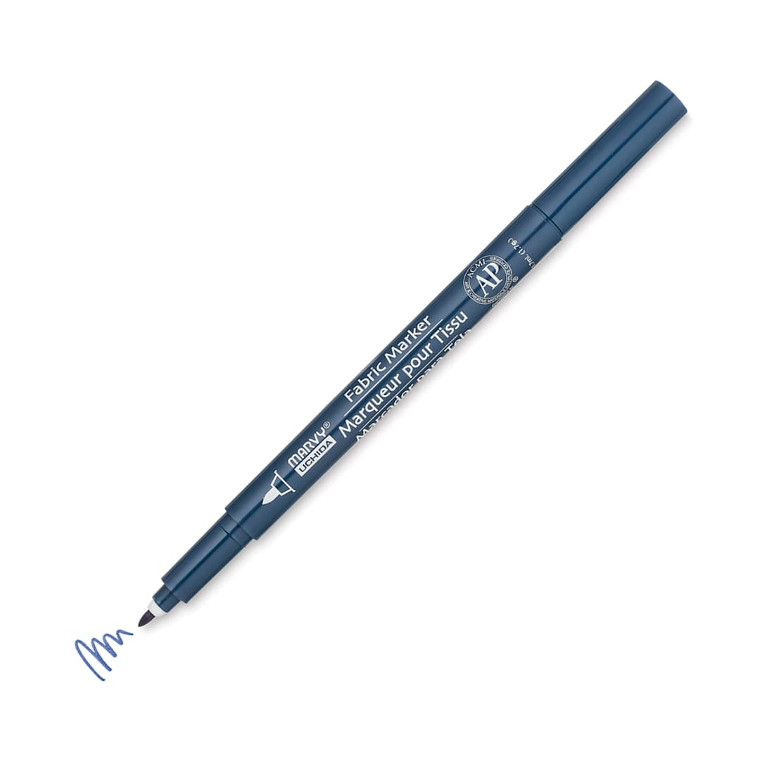 Open in modal - Marvy Uchida Fine Point Fabric Marker - Navy (Marker with swatch, Cap off)