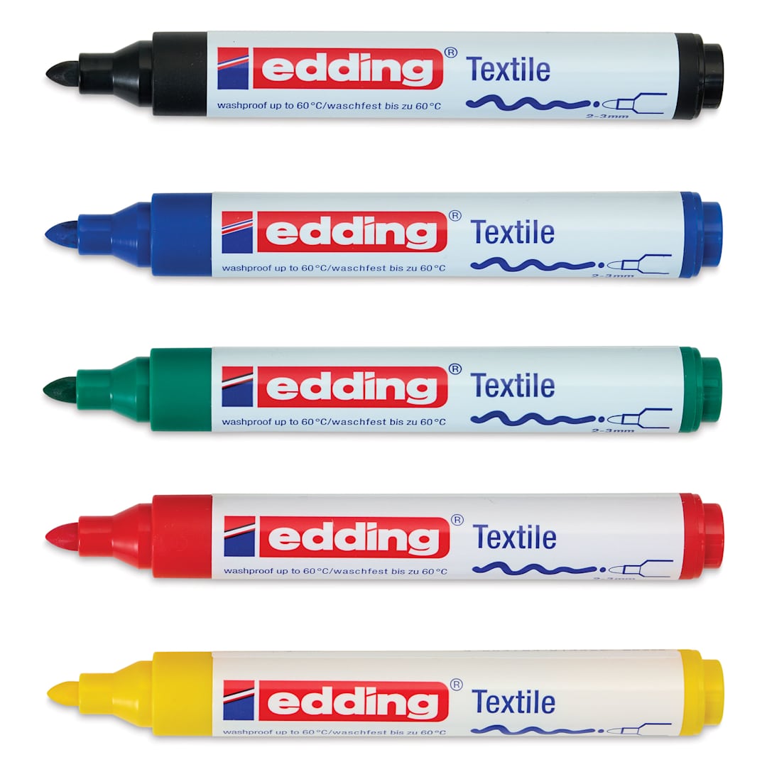 Open in modal - Edding 4500 Textile Markers - Basic, Set of 5, laid out with caps off