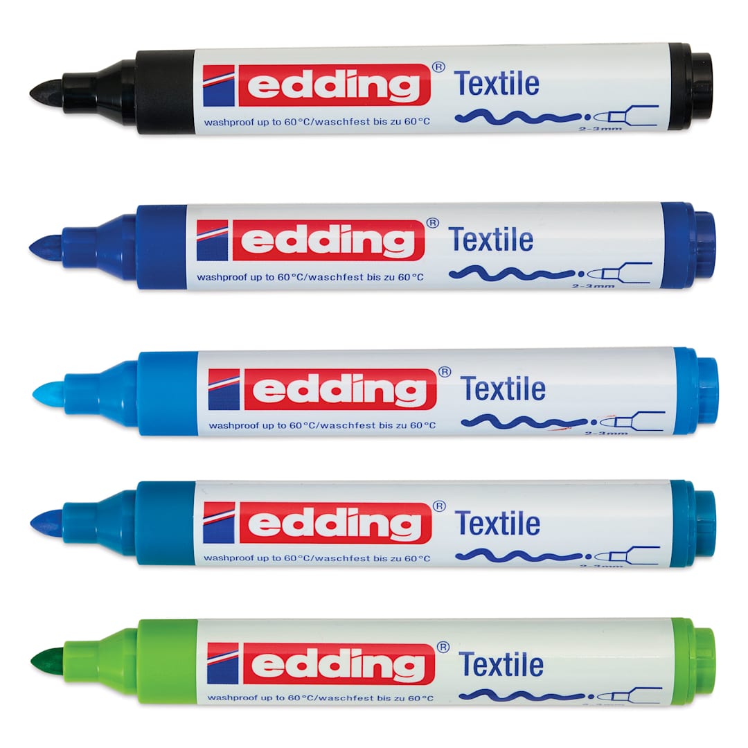 Open in modal - Edding 4500 Textile Markers - Cool, Set of 5, laid out with caps off