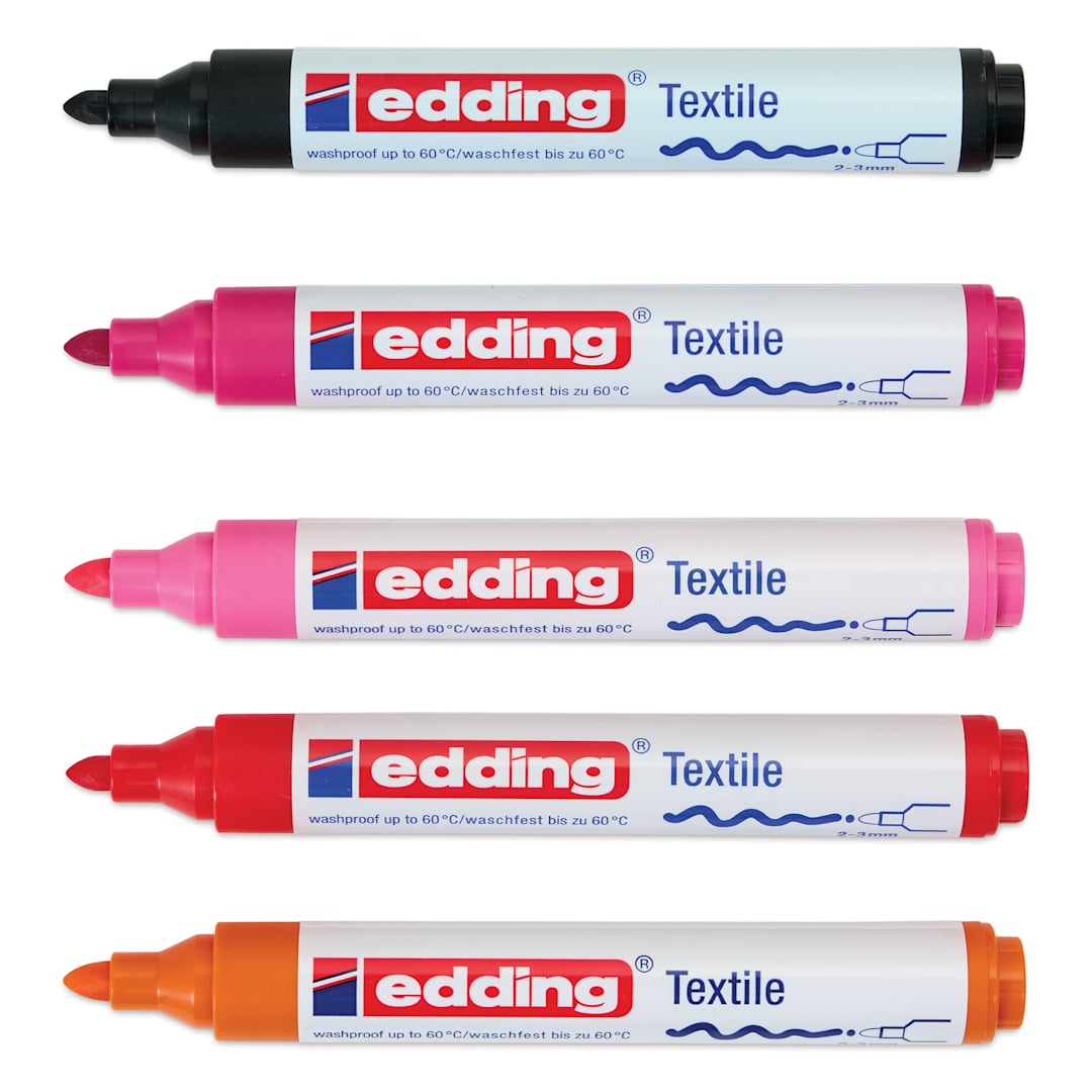 Open in modal - Edding 4500 Textile Markers - Warm, Set of 5, laid out with caps off
