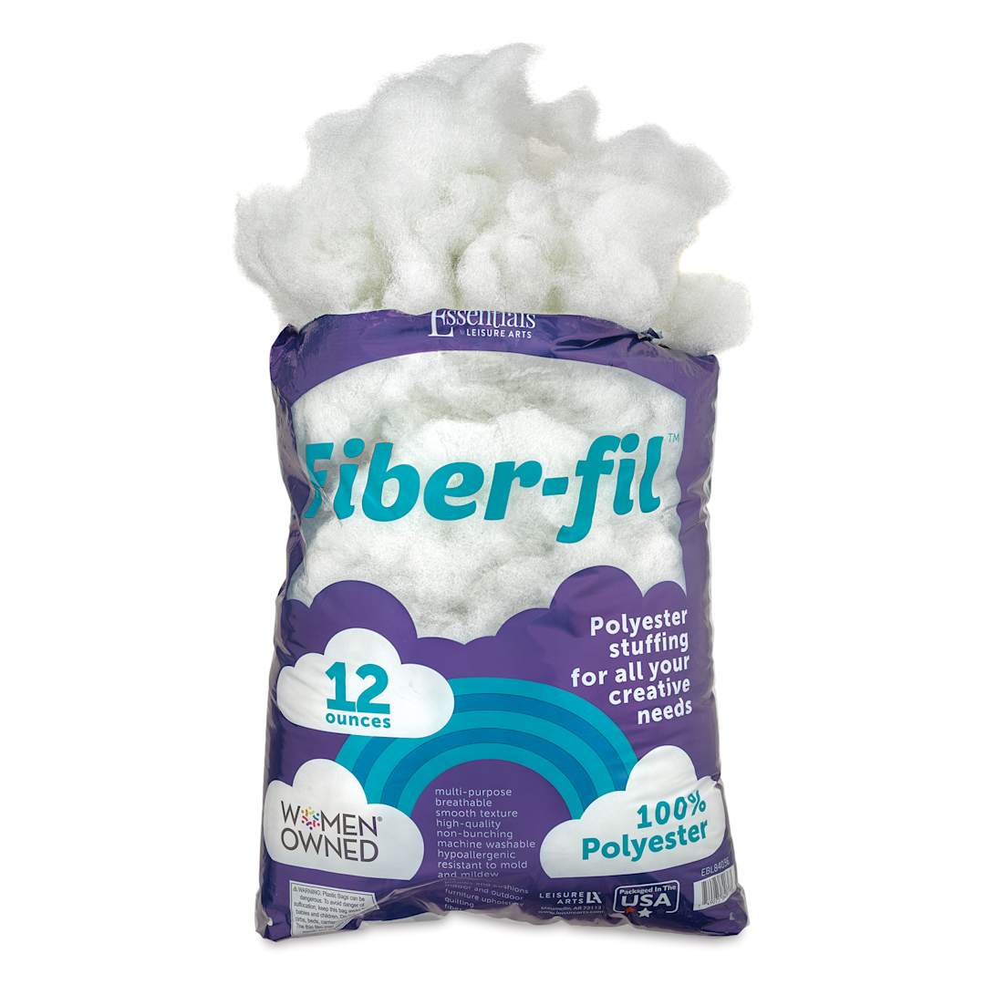 Open in modal - Essentials by Leisure Arts Fiber-fil Polyester Stuffing - 12 oz, fiber coming out from the top of the packaging