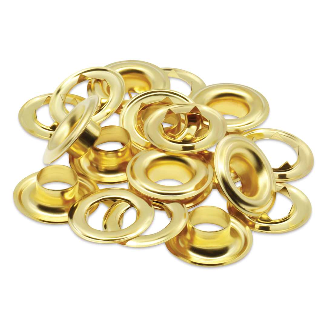 Open in modal - Dritz Eyelets - Ten Extra Large, Brass eyelets laid outside of the packaging