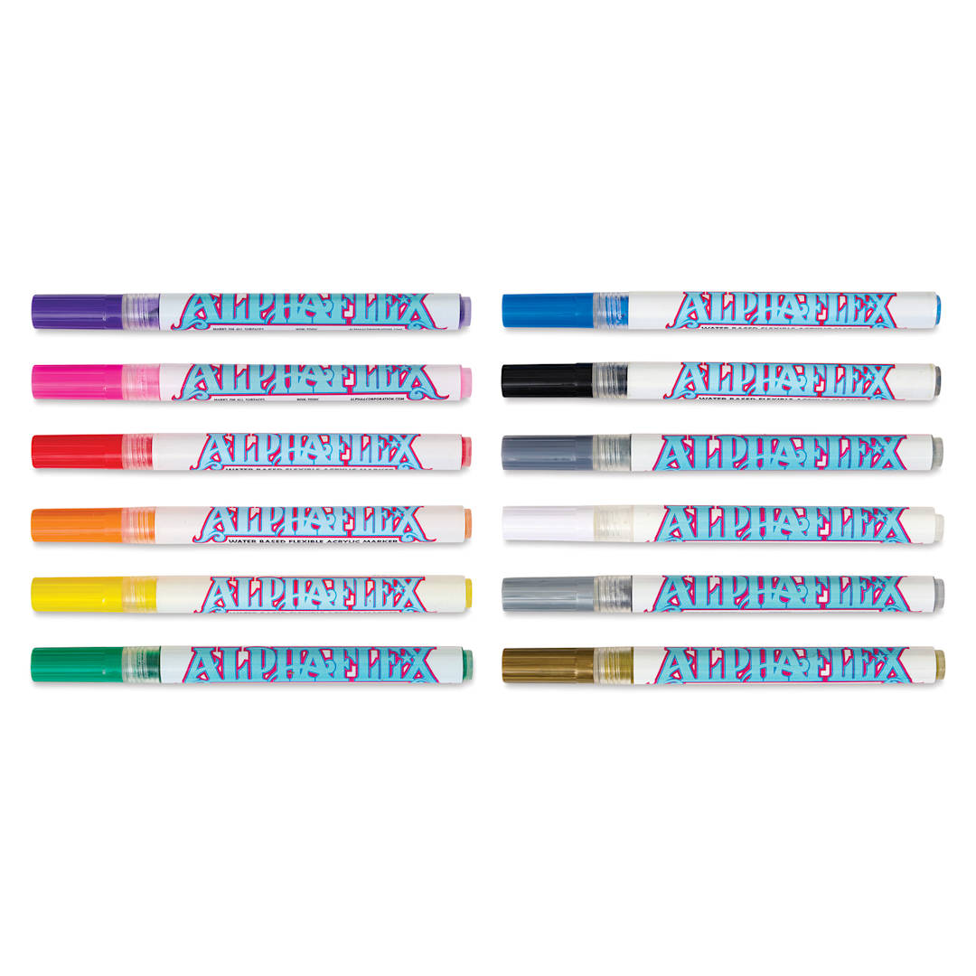 Open in modal - Alpha6 AlphaFlex Textile and Leather Paint Markers - Assorted Colors, 1 mm, Set of 12 markers with caps on