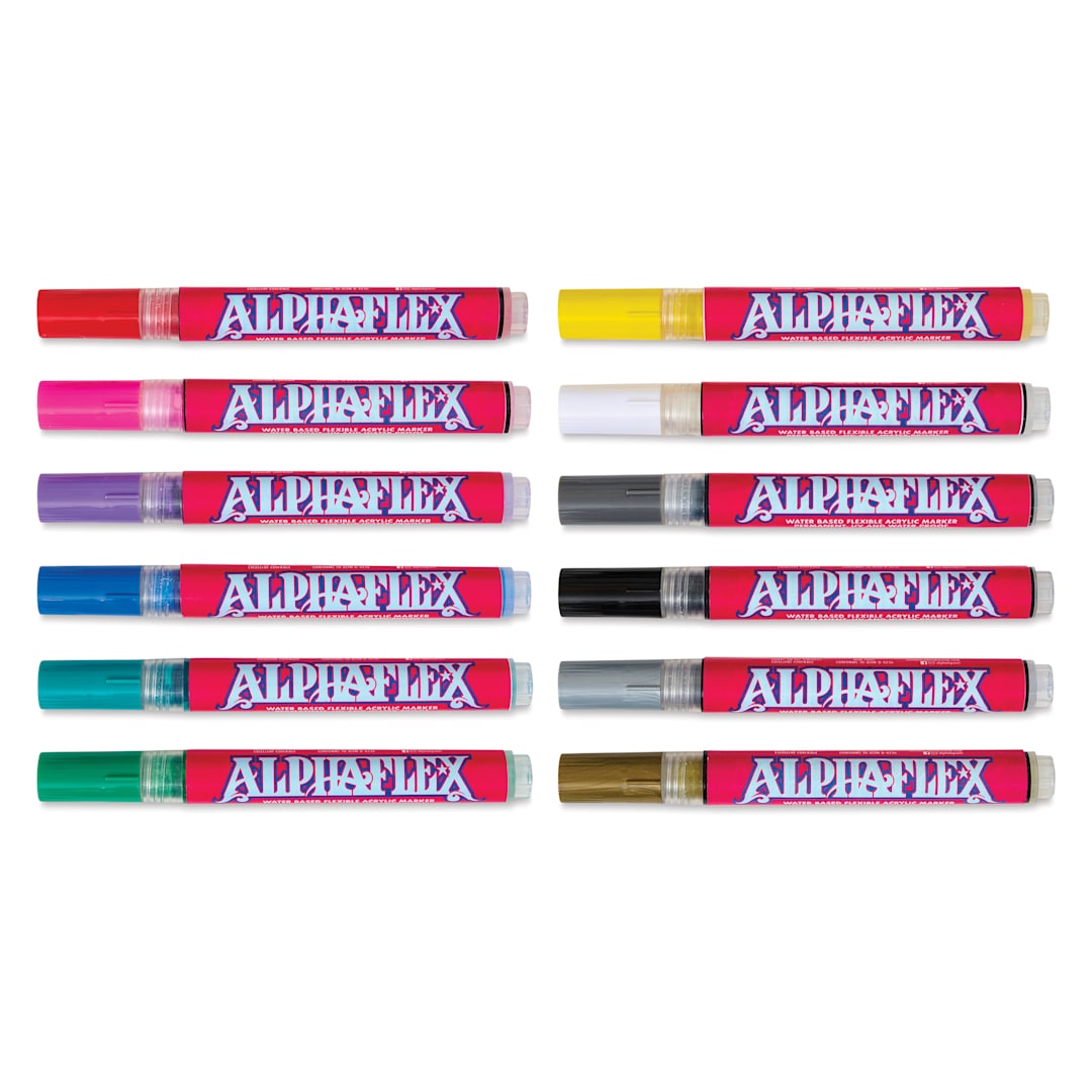 Open in modal - Alpha6 AlphaFlex Textile and Leather Paint Markers - Assorted Colors, 4 mm, Set of 12 markers with caps on