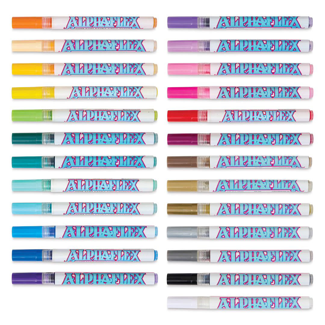 Open in modal - Alpha6 AlphaFlex Textile and Leather Paint Markers - Assorted Colors, 1 mm, Set of 25 markers with caps on