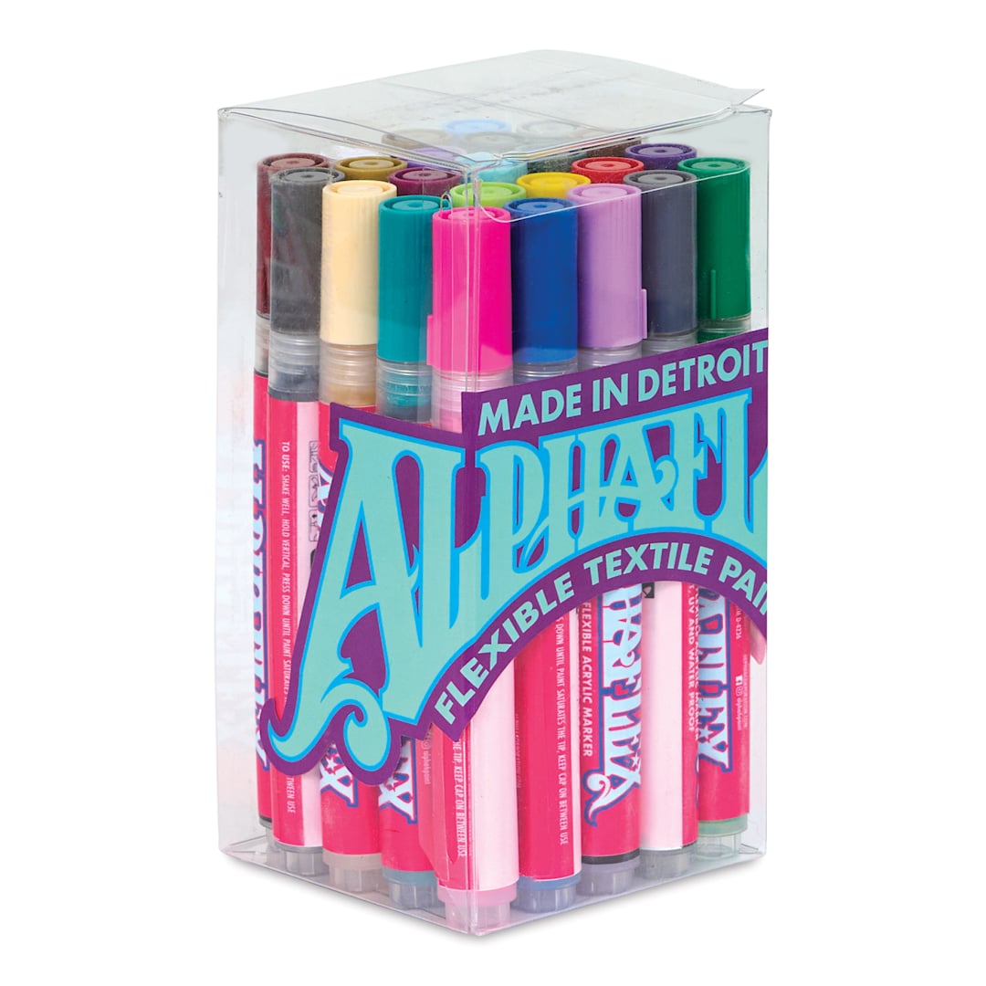 Open in modal - Alpha6 AlphaFlex Textile and Leather Paint Markers - Assorted Colors, 4 mm, Set of 24 front of packaging, angled view