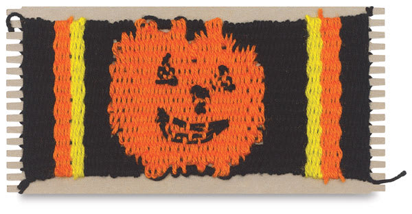 Open in modal - Wide-Notch Cardboard Looms - Top view of finished weaving of Jack-o-Lantern on Cardboard loom
