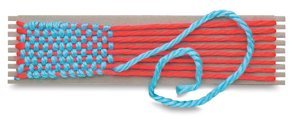Open in modal - Wide-Notch Cardboard Looms - Red and Blue yarn partially woven on cardboard loom
