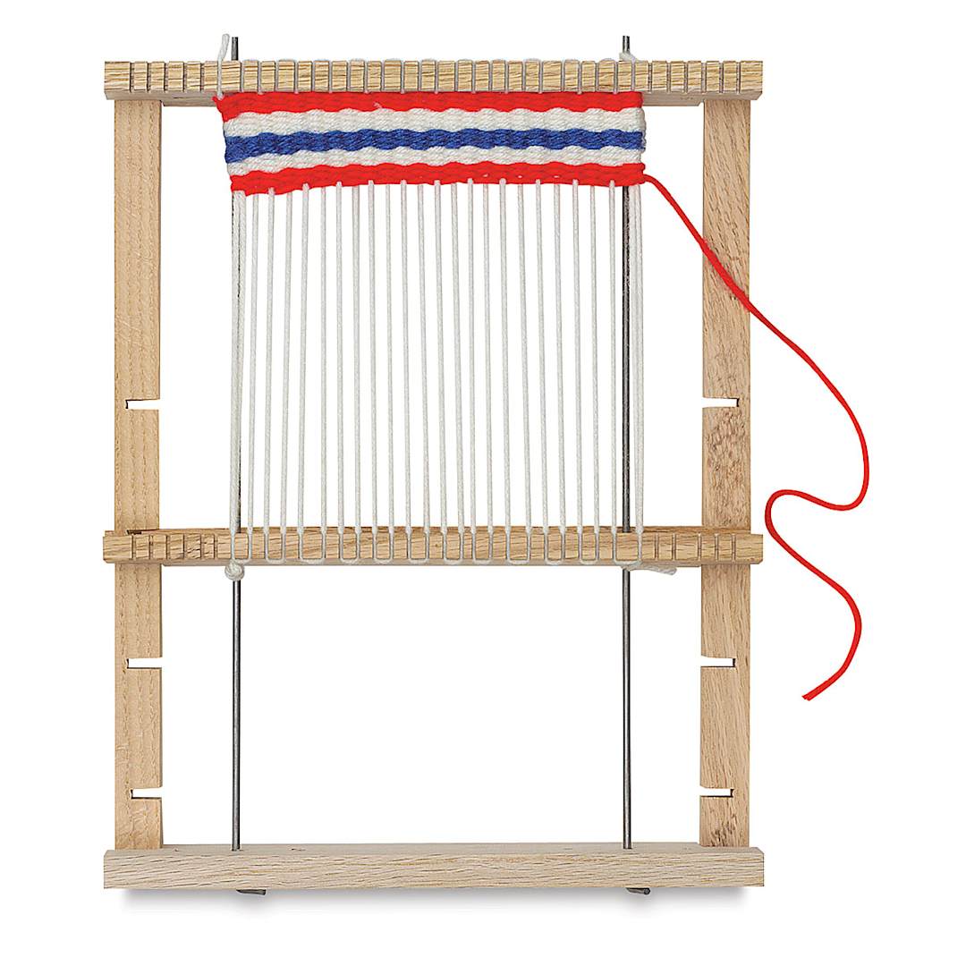 Open in modal - Todd Loom - Front view of loom with weaving started
