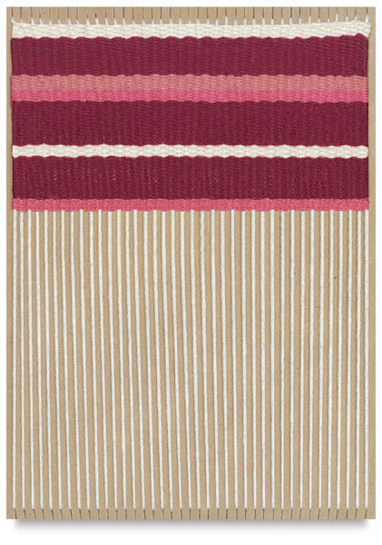 Open in modal - Cardboard Looms - Top view of loom with partially woven textile