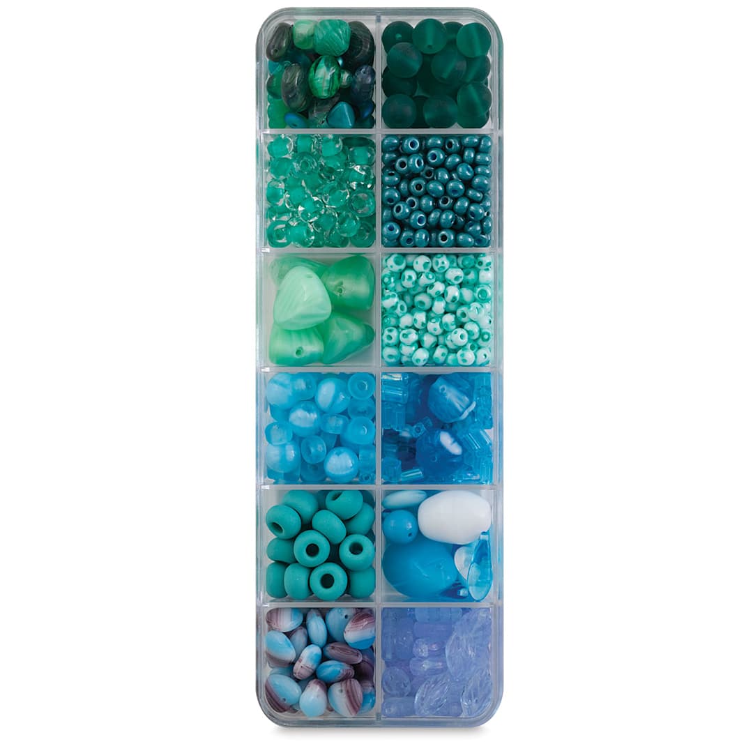 Open in modal - Czech Glass Bead Box Mixes - Components of Enchanted Turquoise Bead Assortment in compartments